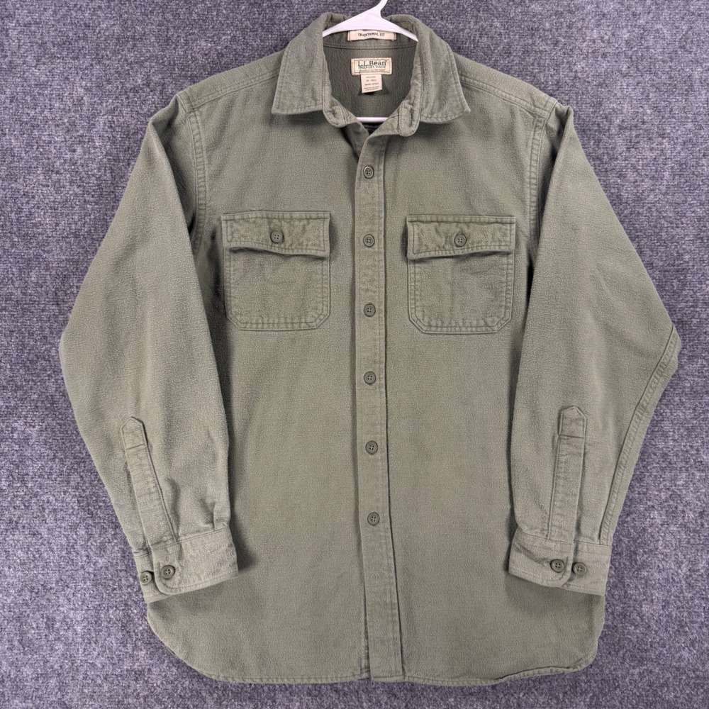 L.L. Bean Chamois Cloth Shirt Men's Medium Green Cotton Outdoors Heavyweight